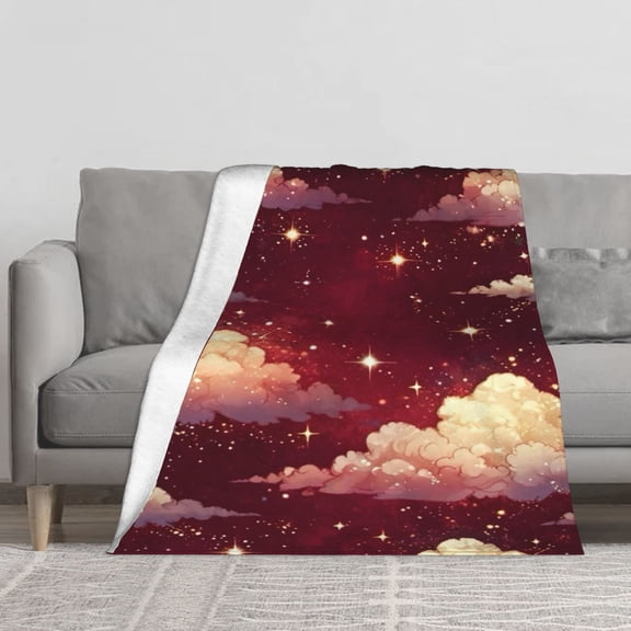 Burgundy Starry Pastel Cloud Flannel Throw Blanket, Dreamy Shining Cosmic Sky Watercolor Soft Lightweight Blanket for Girls Romantic Celestial Couch Bedroom