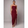 thumbnail image 1 of Burgundy Strapless Ruched Maxi Dress With Asymmetrical Ruffle Side Slit Elegant Evening Gown, 1 of 7