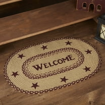 VHC Brands Burgundy Tan Jute Primitive 30"x20" Welcome Accent Rug Red Stenciled Text Oval Floor Decor