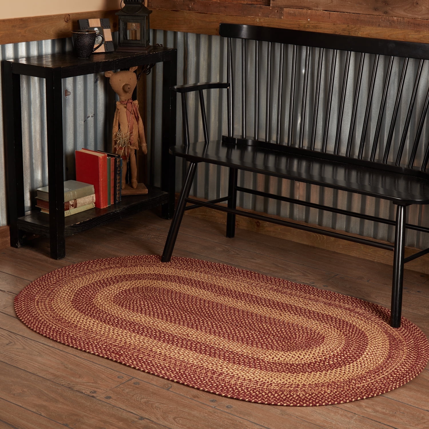 VHC Brands Burgundy Tan Primitive Country Jute Rug Oval, Detached Non-Skid Pad 36x60
