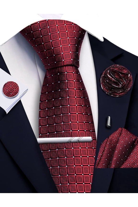 Burgundy Tie Set for Men Plaid Checkered Dark Red Tie Set Silk Dark Red Necktie Pocket Square Handkerchief Cufflinks Lapel Pin Tie Clip