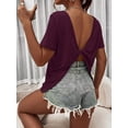 thumbnail image 1 of Burgundy Twist Back Short Sleeve T-Shirt For Women Casual Open Back Top, 1 of 6