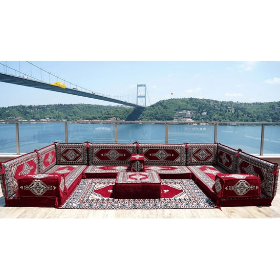 Burgundy U Shaped Arabic Floor Seating, Arabic Majlis, Floor Cushion Seating for Adults, Futon Sofa Bed, Sleeper Sofa Bed for Living Rooms