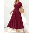 thumbnail image 1 of Burgundy V-Neck Short Sleeve Tiered Maxi Dress With Floral Embossing, 1 of 27