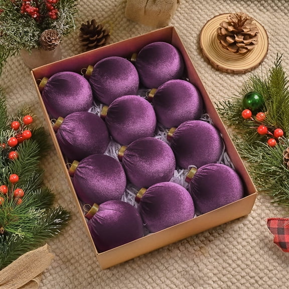 Burgundy Velvet Ball Ornament, Golden Top, Christmas Tree Ball Decoration, Vintage Holiday Ball Ornament (8 cm / 3 inch) Wedding Xmas Party Decor (Purple Red)