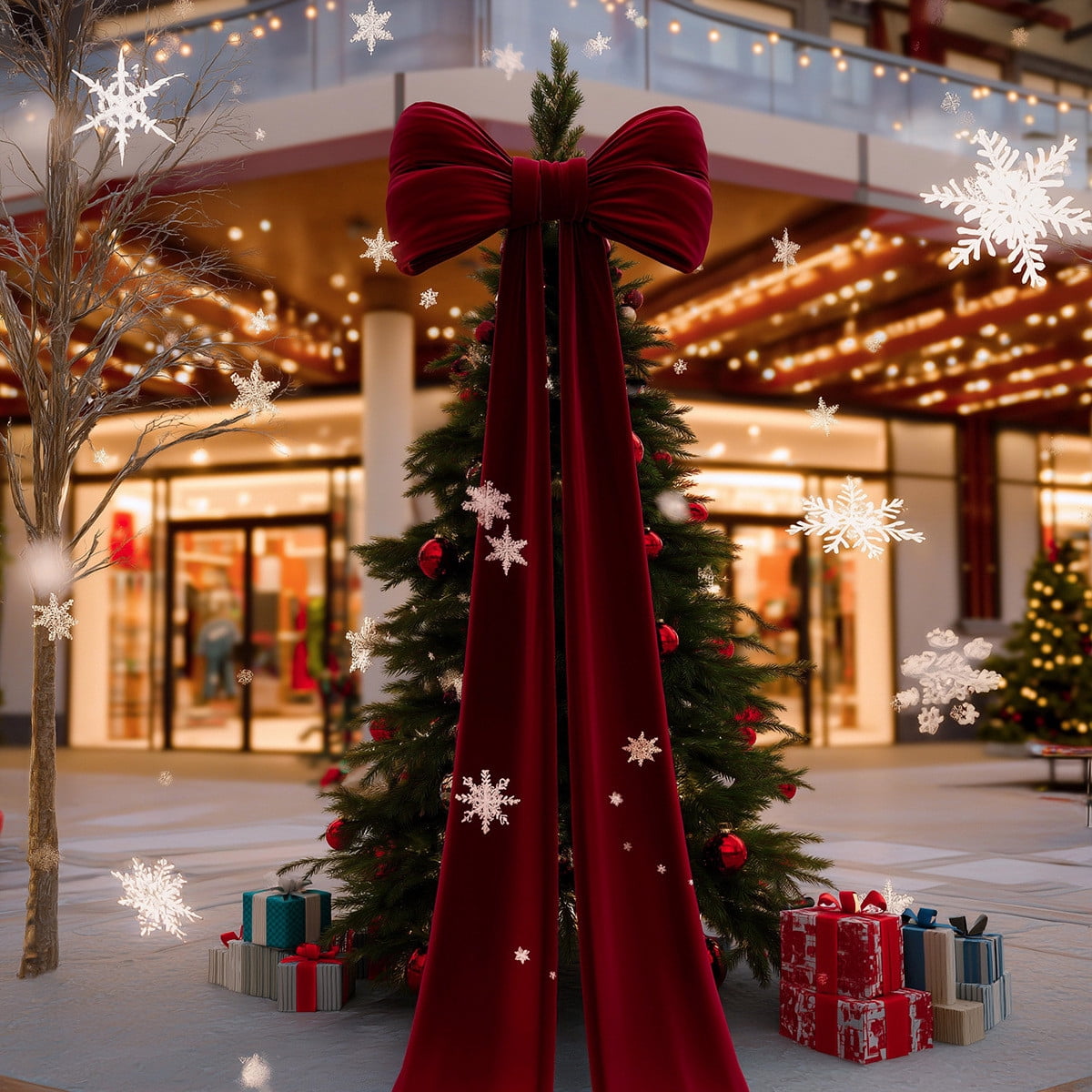 Burgundy Velvet Bow Ornament - Large Decorative Hanging Bow for Christmas Tree, Mantel, Doorway, Soft Velvet Material, Rich Burgundy Color, Enhances Luxurious Holiday Vibe, 70.86*15.74in, Red