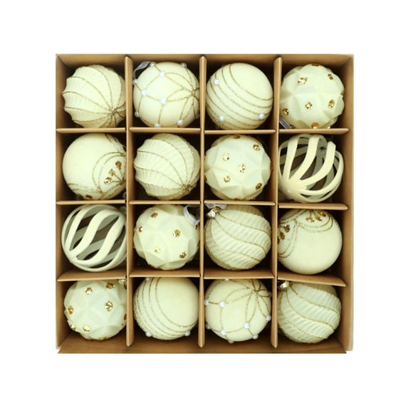 Burgundy Velvet Christmas Ball Ornaments, Glitter Christmas Decoration Balls Hang with Gold Seqiun Lines, Flocked Flashing Christmas Ball Hanging, Holiday Indoor Outdoor Ornament for Tree, Beige