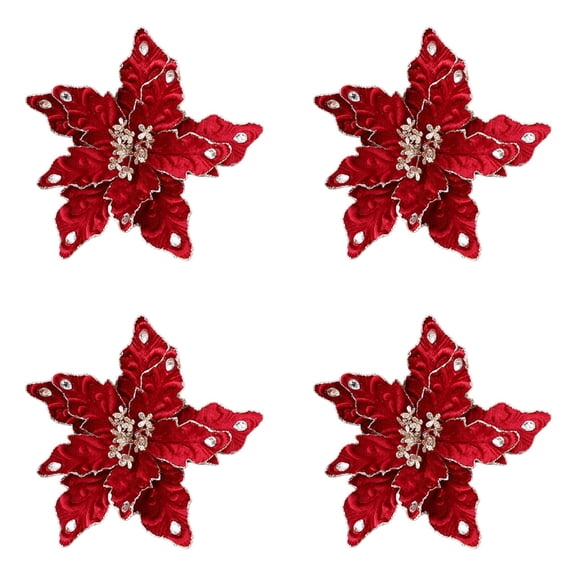 Burgundy Velvet Christmas Poinsettia Ornaments,8.66 Inch Crystal Studded Artificial Poinsettia Flower Picks, Bendable Fold Florals For Xmas Tree & Wreath Craft Supplies 4 Pack