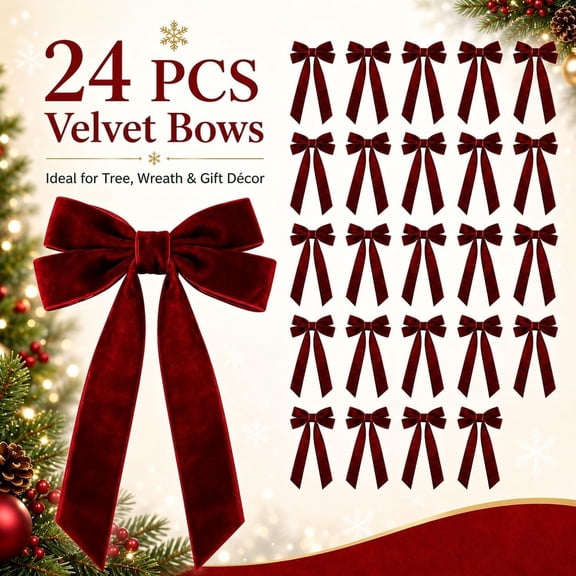 Burgundy Velvet Christmas Tree Bows, 24 Pack, 5.1 x 10.2 in
