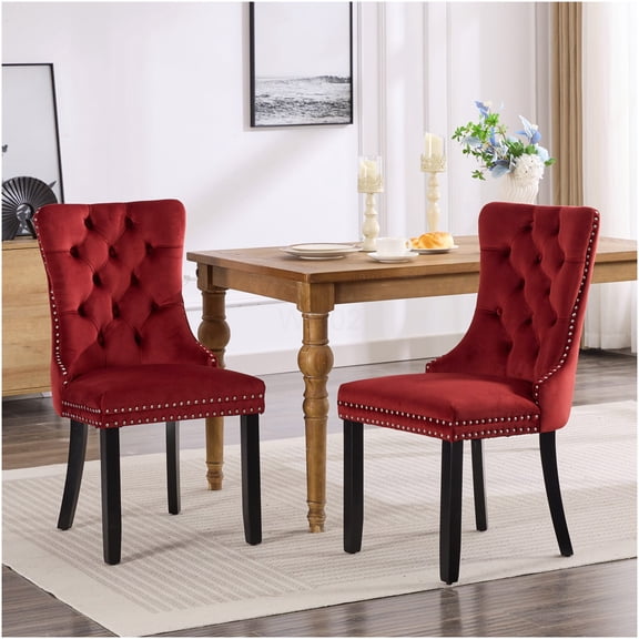 Burgundy Velvet Dining Chairs Set of 2, Modern Upholstered Side Chairs with Tufted Back and Nailhead Trim for Kitchen Dining Room