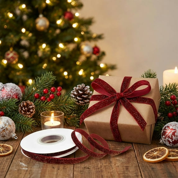 Burgundy Velvet Glitter Ribbon, 5 Yards, Christmas Holiday DIY Bow Making, Gift Wrapping, Party Decor, Table Runner, Satin Flocking Craft Ribbon