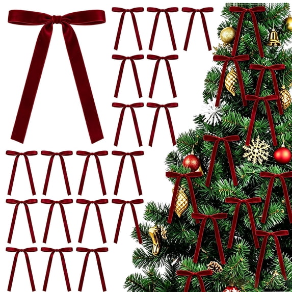 Burgundy Velvet Ribbon Bows for Christmas Tree - 24 Pcs Christmas Tree Decorations Ornaments, Velvet Christmas Tree Bows, Holiday Decor Ribbon for Garland Wreath Bow Ornaments Supplies