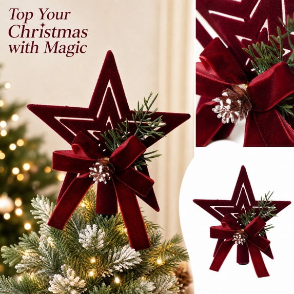 Burgundy Velvet Star Christmas Tree Topper, Christmas Tree Decorations, 5.12in Hollow Star for Indoor Seasonal Christmas Tree Top Decor