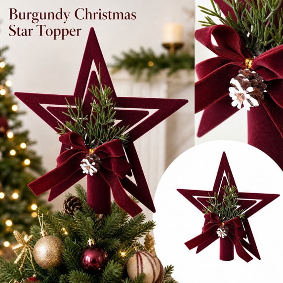 Burgundy Velvet Star Christmas Tree Topper, Christmas Tree Decorations, 7.09in Hollow Star for Indoor Seasonal Christmas Tree Top Decor