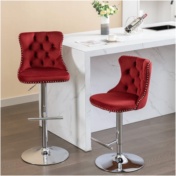 Burgundy Velvet Swivel Bar Stools with Backs, Set of 2 Adjustable Height Kitchen Island Stools for Pub and Dining Room