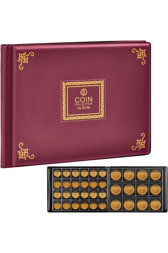 Burgundy Vintage Pattern 300 Pockets Coin Collection Holder Book for Coins