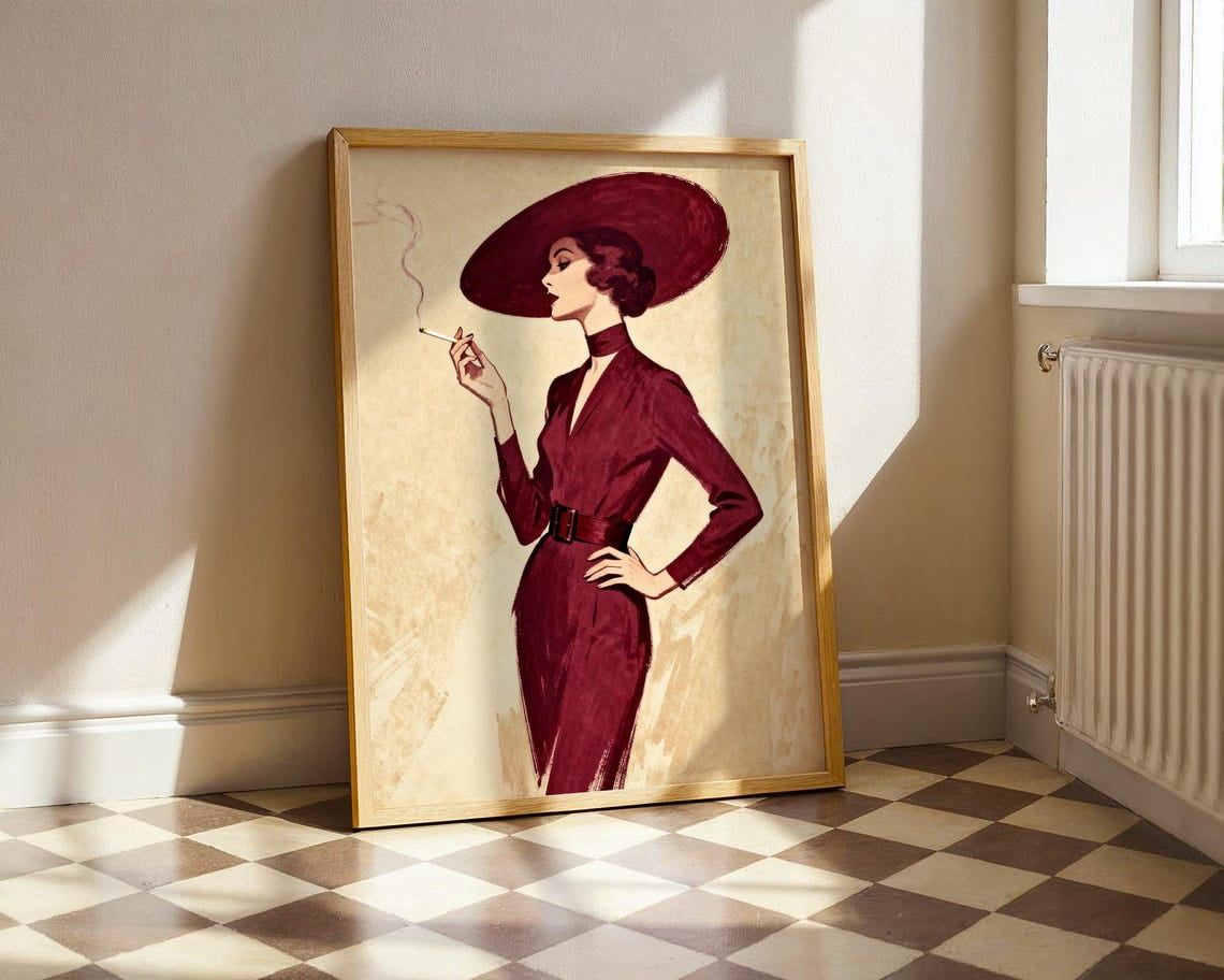 Burgundy Vintage Smoking Woman Wall Art Elegant Retro Fashion ...