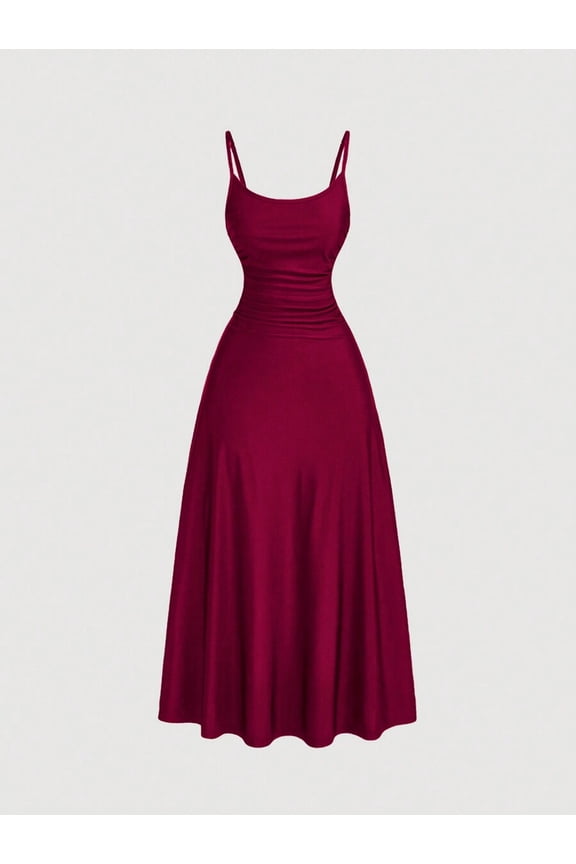 Burgundy Waist Ruched A-Line Slip Dress For Women, Tea-Length Summer Swing Dress