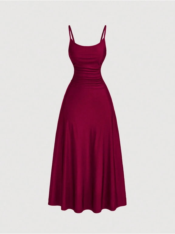 Burgundy Waist Ruched A-Line Slip Dress For Women, Tea-Length Summer Swing Dress