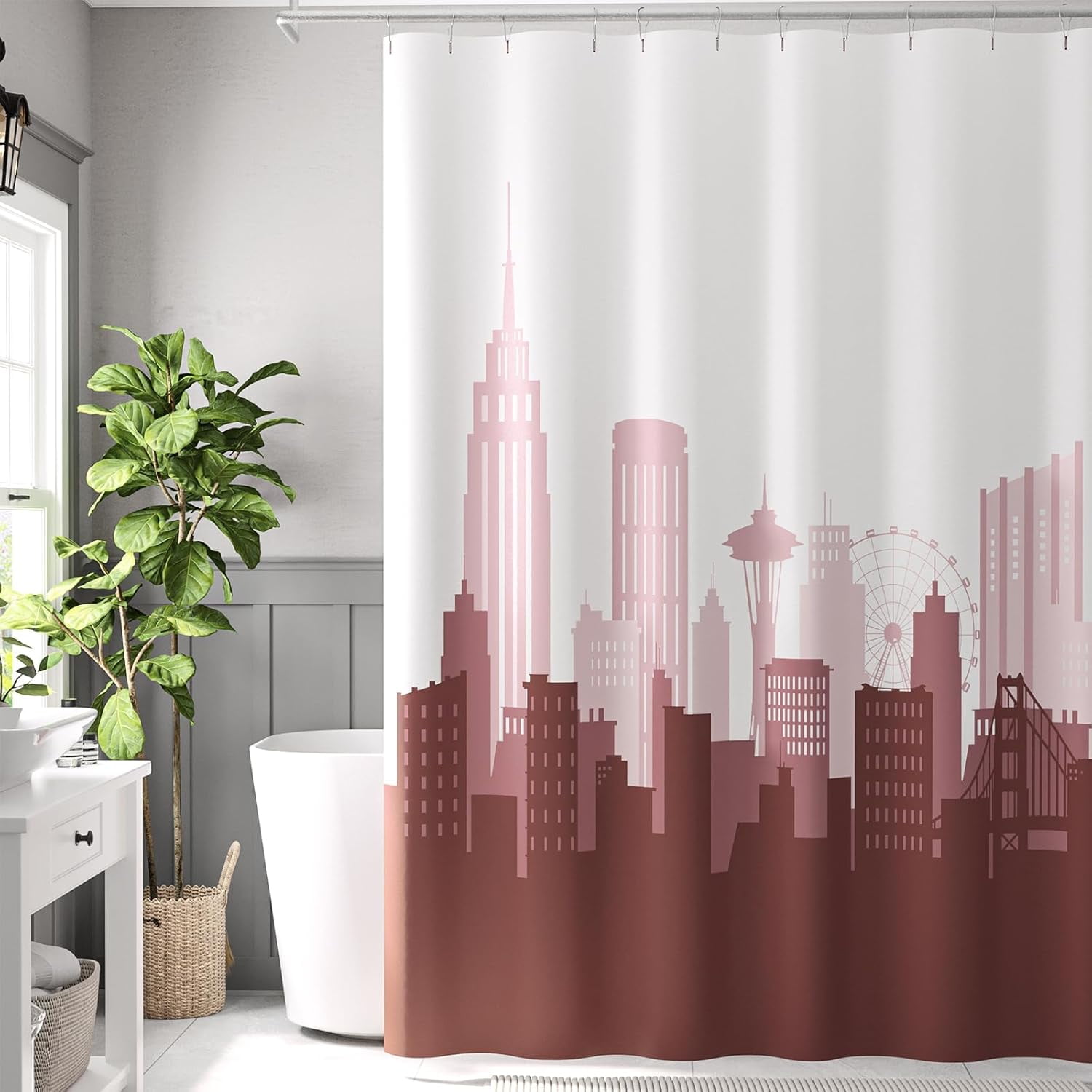 Burgundy and White Fabric Shower Curtain, City Skyline Printed Shower Curtain for Bathroom Modern Luxury Waterproof Ombre Cityscape Shower Curtain Set, image size:1500x1500