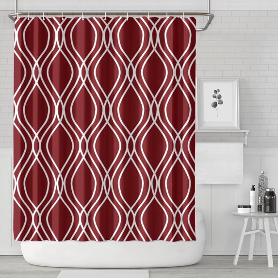 Burgundy and White Wavy Pattern Shower Curtain 84"x72" ,Bathroom Decorative Shower Curtains Set with 12 Hooks,Modern Waterproof Washable Shower Curtain