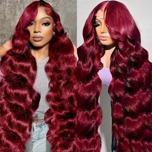 Burgundy Wig Human Hair 13x6 Transparent Lace 99J Red Human Hair Wig Colored Reddish Brown Lace Frontal Wigs 180% Density Pre Plucked 30 inch