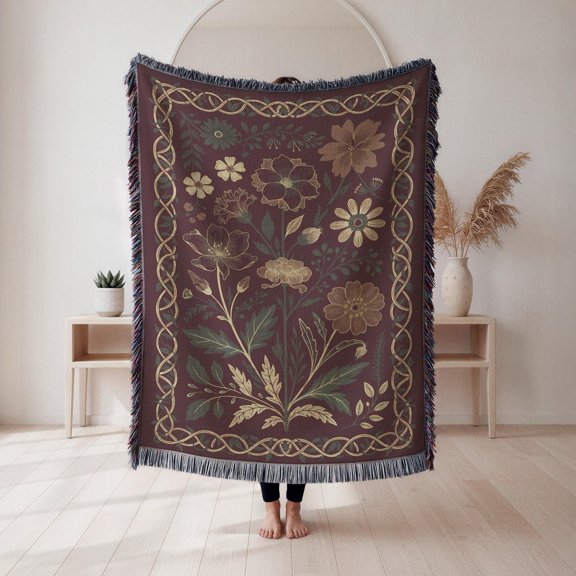 Burgundy Wildflower and Interlaced Knot Border Woven Blanket, 100% Cotton, Vintage Folk Style for Home Decor