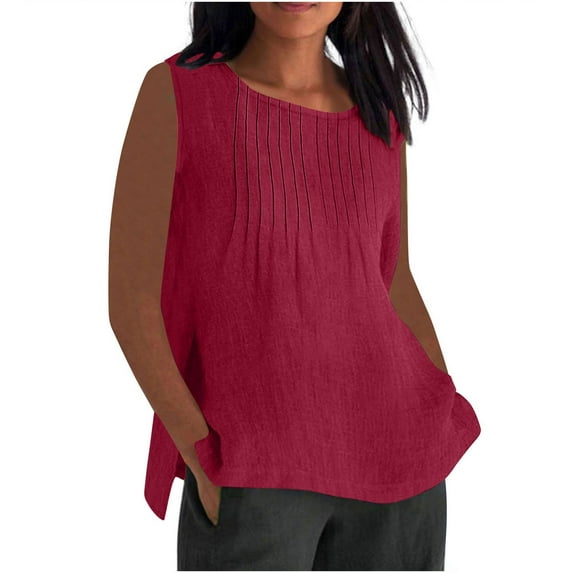 Burgundy Wine Brunch Vests for Women Summer Fall Sleeveless Crew Neck Faux Linen Loose Fit Pleated Camisole Tank Plain Top Vest Ladies 2025 Clothes Fashion L