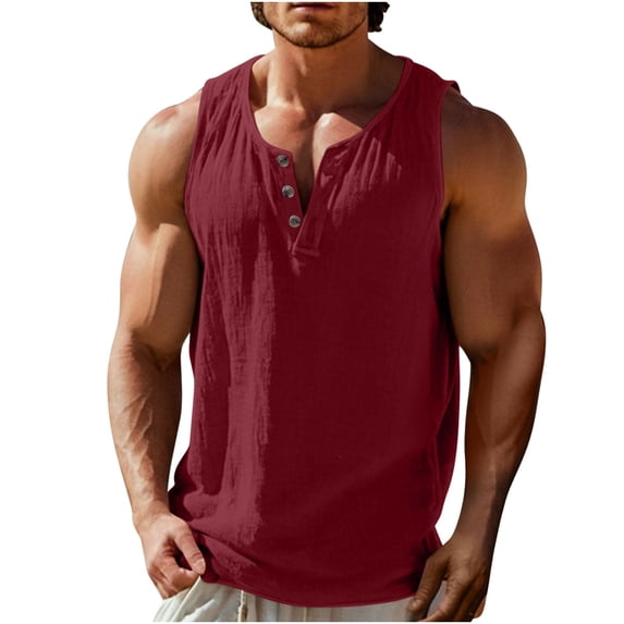 Burgundy Wine Cami Tank Basic Going Out Vest for Man Fall Summer Sleeveless Boat Neck Faux Gauze Linen Slim Tunics Top Vest Man Button 2026 Clothes Trendy Y2K M