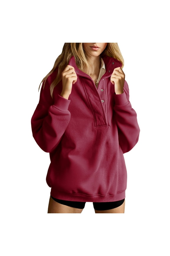 Burgundy Wine Women Long Sleeve Loose Fit Oversized Outfit Sweatshirt for Women Collared Henley Neck Track Athletic Running Pullover Plain Fall Winter Button 2025 L