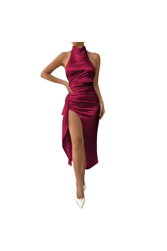 Burgundy Wine Dresses for Juniors Fall Summer Sleeveless Crewneck Turtleneck Mock Neck Open Back Halter Faux Satin Silk Midi Bodycon Ruched Slit Dresses Women 2026 XS