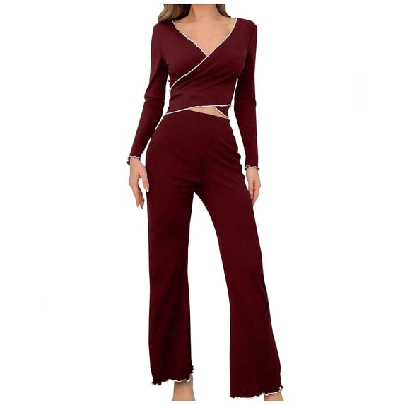 Burgundy Wine Ladies Pants Pajamas PJ 2PC Sets for Women Match Lounge 2 Piece Straight Leg Plain Long Leg 2PC Sets 2026 Trendy M