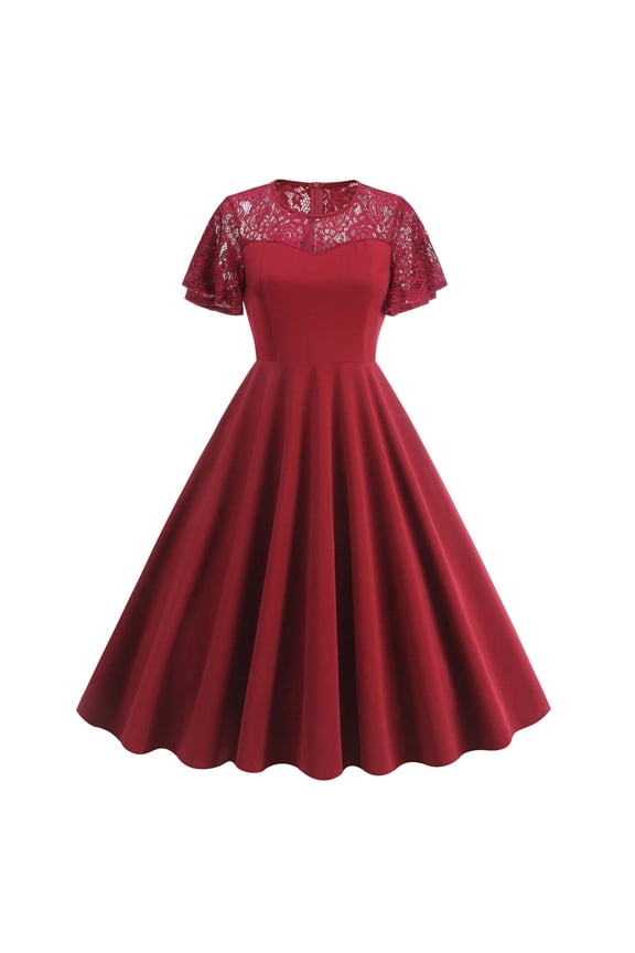 Burgundy Wine for Ladies Summer Fall Short Sleeve Boat Neck Lace Midi Knee High Medieval Renaissance Peasant Ethnic Hepburn Patchwork Steampunk Dresses Womens 2026 Clothes S