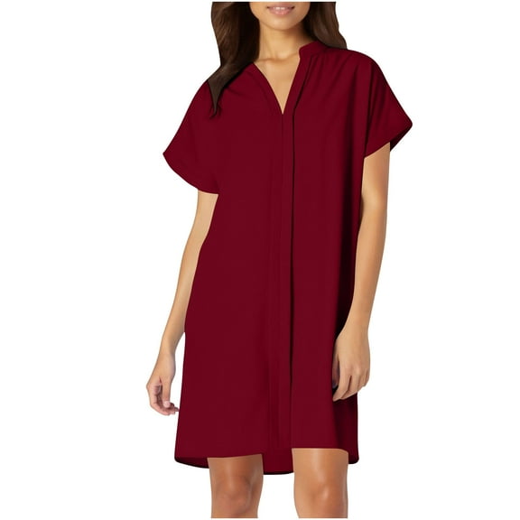 Burgundy Wine Loose Fit Dresses for Women Fall Summer Short Sleeve Vneck Spandex Midi Knee Length Basic Dresses Ladies 2025 Clothes Country Concert XXL