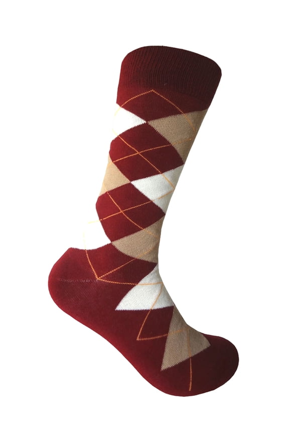 Burgundy(Wine/Maroon/Claret/ Sangria) with Beige and Cream Color Middle-Calf Argyle Plaid Scottish Tartan Dress Casual Socks For men