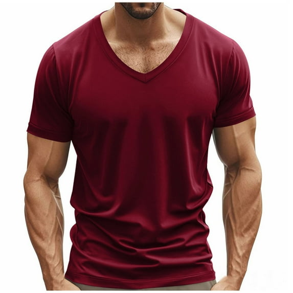 Burgundy Wine Mens Loose Fit T Shirts Vneck Tee Tops for Man Short Sleeve Sport Gym Casual Running Basic Summer Fall Shirts 2025 Clothing Y2K XL