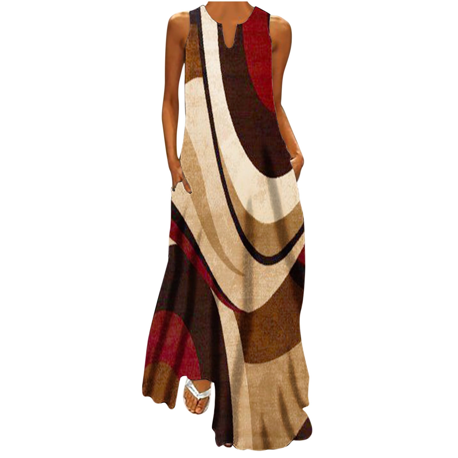 Vintage Burgundy V-neck Design Elegant Beach Holiday A-Line Sleeveless Halter Dress DP6259