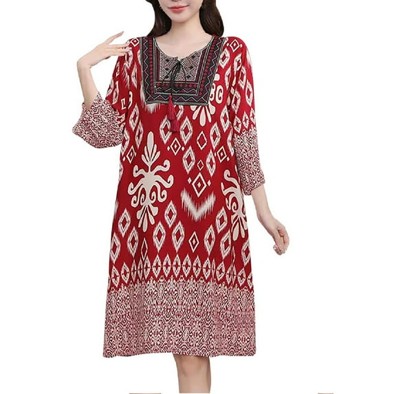 Burgundy Wine Teen Girls Crew Neck Festival Casual Dresses for Women Short 1/2 3/4 Length Sleeve Victorian Renaissance Peasant Ethnic Steampunk Midi Fall Summer Dresses 2025 One Size