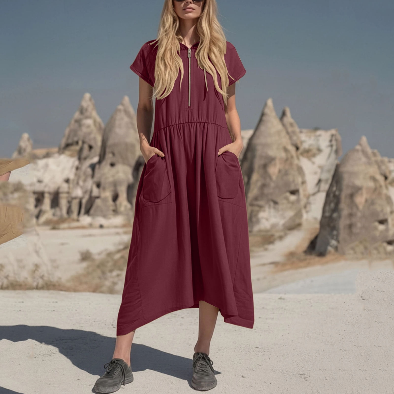 burgundy country dress Wine Women Dresses for Women Short Sleeve Midi Casual with Hood Basic Summer Fall Zip Up 2026 Clothing Fashion Concert 3XL Cheap A Line Homecoming Dresses Strapless Beaded Prom Dress Color:Same as sample Long sleeves with split