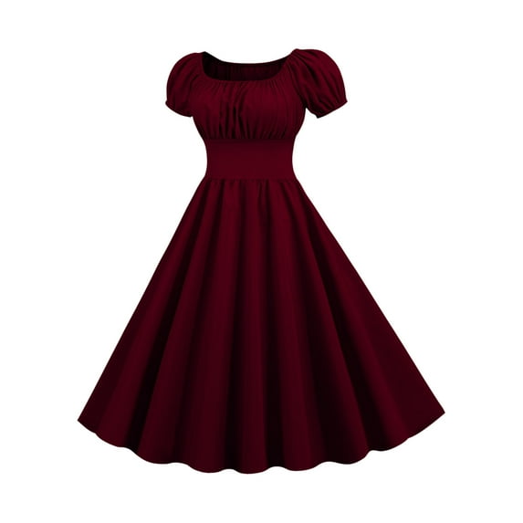Burgundy Wine Women Short Sleeve Dresses for Women Square Neck Spandex Midi Knee High Plain Fall Summer Dresses 2025 Clothes Trendy Regular Fit Country Concert 3XL