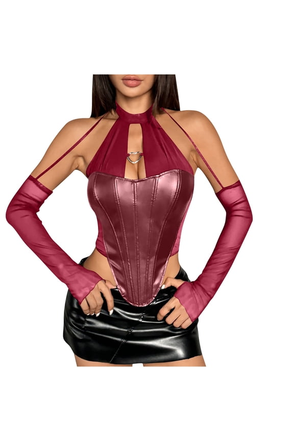 Burgundy Wine Women Strapless Long Sleeve T Shirts Corset Bustier Tops Tee for Teen Girls Crew Neck Lace Hippie Vintage Summer Fall Tee Shirt 2026 Clothes S