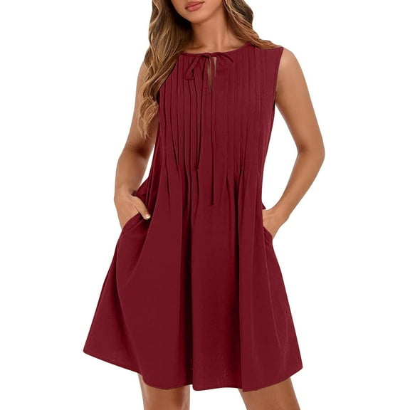 Burgundy Wine Womens Boat Neck Lace Faux Gauze Linen Dresses for Ladies Sleeveless Midi Knee Length Brunch Pleated Tie Knot Plain Summer Fall 2025 Clothes Fashion Regular Fit XL