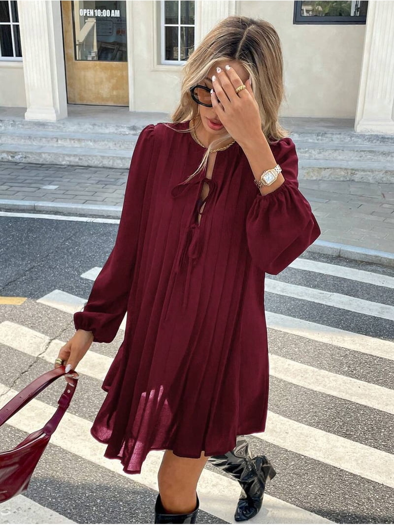 burgundy a line mini dress Burgundy Women French Style Pleated Long-Sleeve Tie-Neck A-Line Mini Dress  Casual Elegant Fall Winter