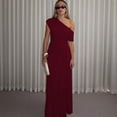 thumbnail image 1 of Burgundy Women One Shoulder Ruched Maxi Dress Asymmetrical Draped Neck Slim Fit Evening Party Gown, 1 of 5