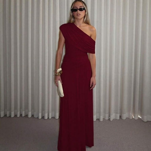 Burgundy Women One Shoulder Ruched Maxi Dress Asymmetrical Draped Neck Slim Fit Evening Party Gown