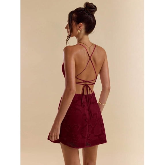 Burgundy Womens Backless Mini Dress With Cross-Back Tie Straps, Textured A-Line Fit For Party Or Date Night