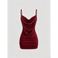 thumbnail image 1 of Burgundy Womens Backless Ruched Bodycon Mini Dress With Goldtone Ornamental Chain Plunging Neckline Spaghetti Strap, 1 of 6