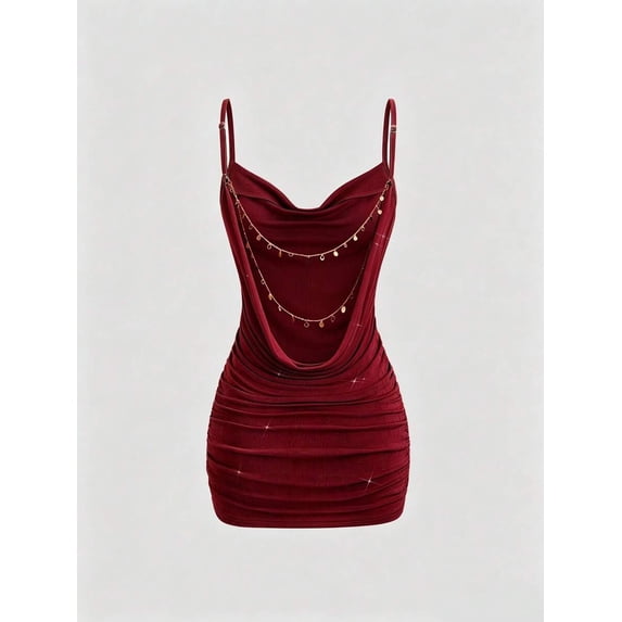 Burgundy Womens Backless Ruched Bodycon Mini Dress With Goldtone Ornamental Chain Plunging Neckline Spaghetti Strap