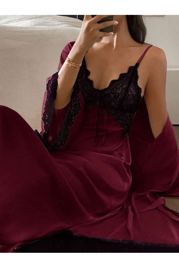 Burgundy Womens Lace-Trimmed Boudoir Robe & Slip Set, Full-Length Satin Sleepwear Ensemble