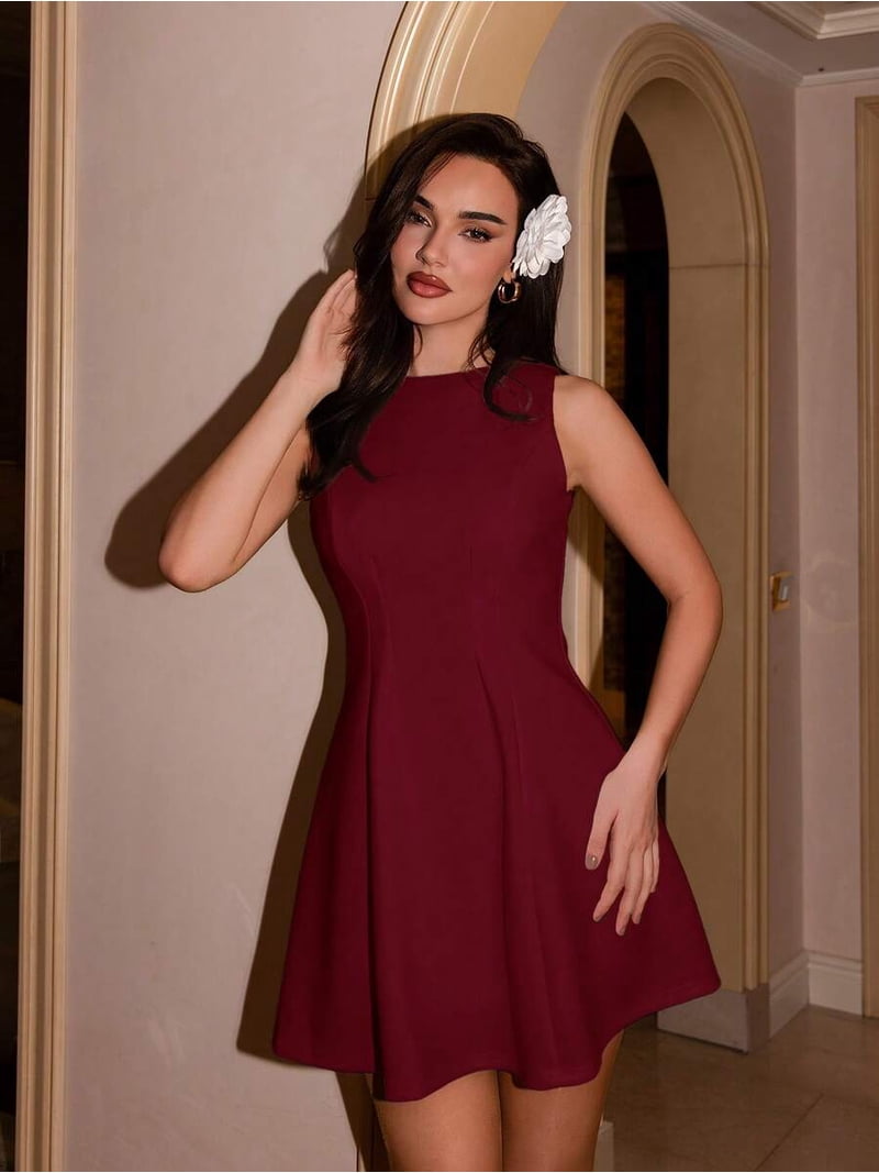burgundy a line mini dress Womens Sleeveless A-Line Waist Fitted Elegant For Date Night Tea Party Graduation self fabric_scuba foam while its luxe finish SIZE:20 How to Hide Back